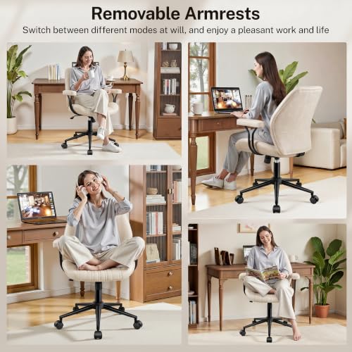 Leather Office Chair with Removable Armrests, Mid Back Ergonomic Desk Chair with Lumbar Support, Adjustable Height Rocking Swivel Executive Chair for Home Office, White - color: White