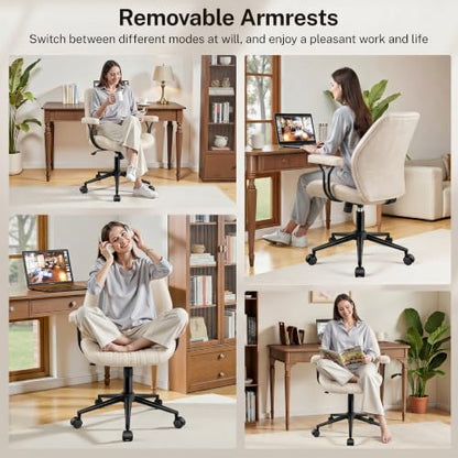 Leather Office Chair with Removable Armrests, Mid Back Ergonomic Desk Chair with Lumbar Support, Adjustable Height Rocking Swivel Executive Chair for Home Office, White - color: White