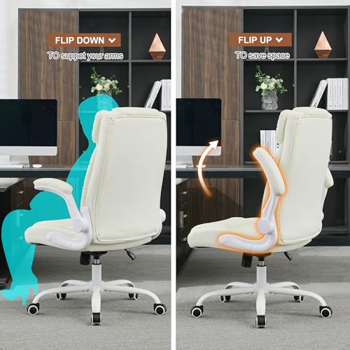 Office Desk Chair,Ergonomic Conference Room Chairs,Mid Back Executive Leather Chair,Comfy Computer Desk Chairs with Adjustable Flip-Up Arms and Rocking Function (Beige) - color: Beige