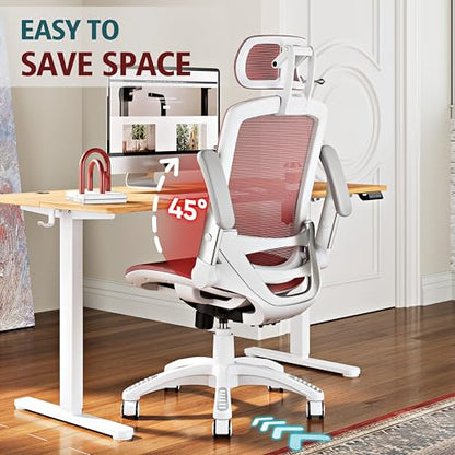 GABRYLLY Ergonomic Office Chair, High Back Home Desk Chair with 2D Flip-Up Arms, 3D Headrest, 90-120° Tilt and Wide Cushion, Big and Tall Mesh Chairs for Man Woman, Computer Task Chair Red - color: White Frame Red Mesh