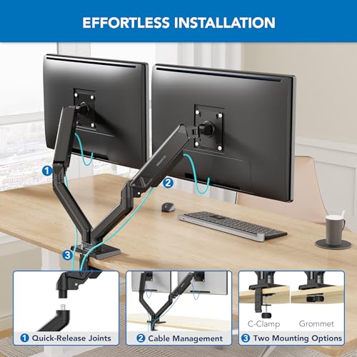 Mount-It! Dual Monitor Mount, 17-32", 19.8 lbs Each | Full motion spring arms with tilt/swivel/rotate, VESA 75x75 & 100x100, desk mount.