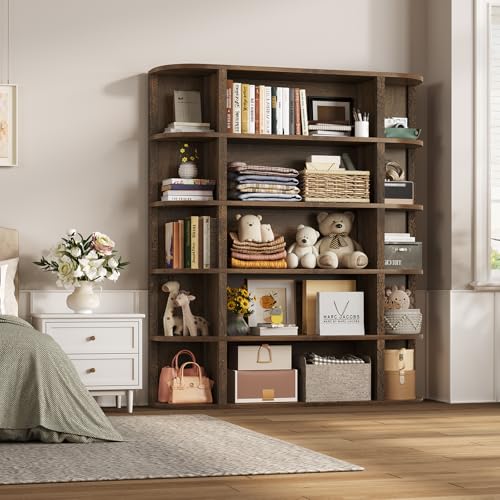 TVU 5-Tier Wood Book Shelf, 47" Wide Large Bookshelf and Bookcase, 62" Tall Bookshelf with Curved Side Shelves, Freestanding Wood Display Book Shelves for Living Room, Home Office, Walnut