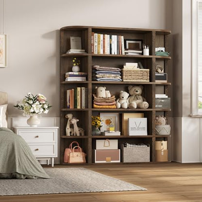 TVU 5-Tier Wood Book Shelf, 47" Wide Large Bookshelf and Bookcase, 62" Tall Bookshelf with Curved Side Shelves, Freestanding Wood Display Book Shelves for Living Room, Home Office, Walnut