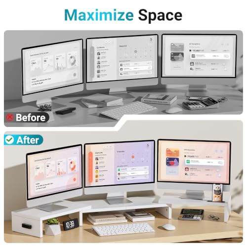 BONTEC Triple Monitor Stand Riser with Smartphone Holder, White - color: White, size: 53.3 in