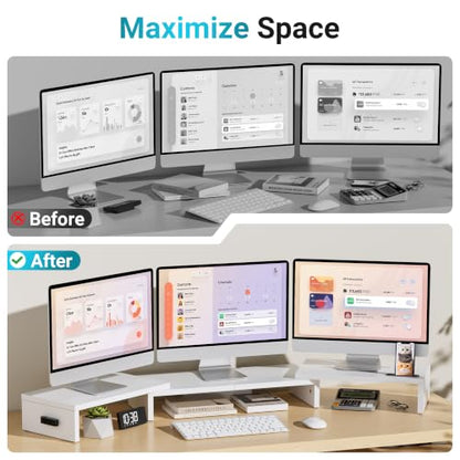 BONTEC Triple Monitor Stand Riser with Smartphone Holder, White - color: White, size: 53.3 in