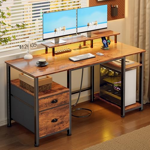 Furologee 51" Computer Desk with Outlets & LED, Desk with Drawers, Brown | Reversible Computer Desk for Office, AC Outlets & USB, Drawer & File Cabinet, Ergonomic Monitor Stand, Adjustable Shelf - color: Rustic Brown, size: 51 inch