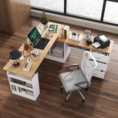 MOUMON L Shaped Standing Desk with Drawers and Shelves, Executive Adjustable Height Desk, L-Shaped Design, 63 inch Tabletop, for Office Oak and White (63”W x 63”D x 28.9-45.3”H) - color: Oak and White, size: 63”W x 63”D x 28.9-45.3”H