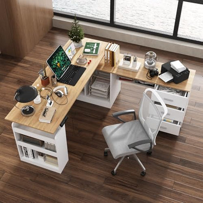 MOUMON L Shaped Standing Desk with Drawers and Shelves, Executive Adjustable Height Desk, L-Shaped Design, 63 inch Tabletop, for Office Oak and White (63”W x 63”D x 28.9-45.3”H) - color: Oak and White, size: 63”W x 63”D x 28.9-45.3”H