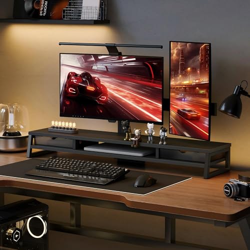 Fenge Dual Monitor Stand Riser, 42.5in Desk Shelf with 2 Drawers, Black - color: Black