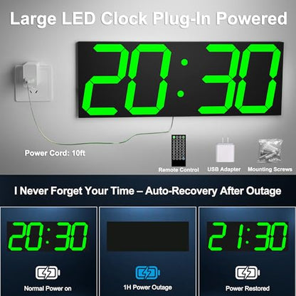 CHKOSDA 18.7" Large Digital Wall Clock with GPS Auto-Sync Time - 6 Inch Bright Green LED, Remote, Count Up/Down Timer, Date & Temp. Plug-in for Gym, School, Classroom & Sports Field - color: 18.7" Gps Auto-sync Wall Clock-green