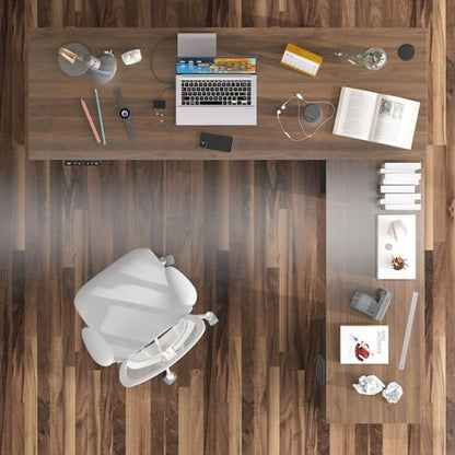 MOUMON Electric Standing Desk with Drawers and Shelves, Executive Adjustable Height Stand Up Desk, L-Shaped Design, 63 inch Tabletop, for Office Deep Brown and Black 63”W x 63”D x 28.9-45.3”H - color: Deep Brown and Black, size: 63”W x 63”D x 28.9-45.3”H
