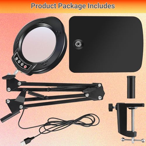 15X Magnifying Glass with Light, Real Glass Lens, 84 LEDs, 5 Color Modes Stepless Dimmable, Adjustable Swing Arm with Clamp and Base, Hands-Free Magnifier for Crafts, Reading, Repair, Close Work