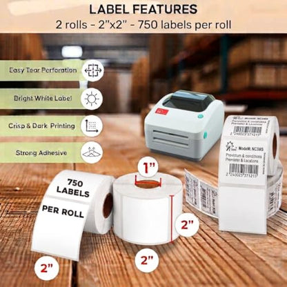 Arkscan 2x2 Thermal Labels - 2 Rolls, 750 Labels per Roll (1,500 Square QR Code & Barcode Labels) for Zebra, Rollo & Arkscan Printers - size: 2 x 2", 2 Rolls