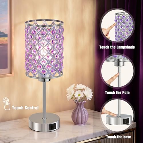 GyroVu Purple Crystal Bedside Table Lamps Set of 2 with USB C+A Ports - color: Purple-2, size: 14.75"