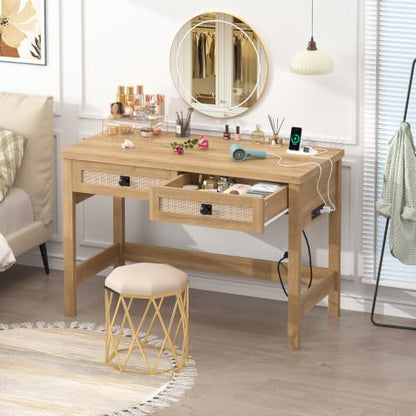 YOMILUVE Rattan Computer Desk with 2 Drawers, 39 Inch Small Desk with Power Outlets, Farmhouse Boho Vanity Desks, Compact Writing Study Table for Small Spaces, Oak - color: Oak