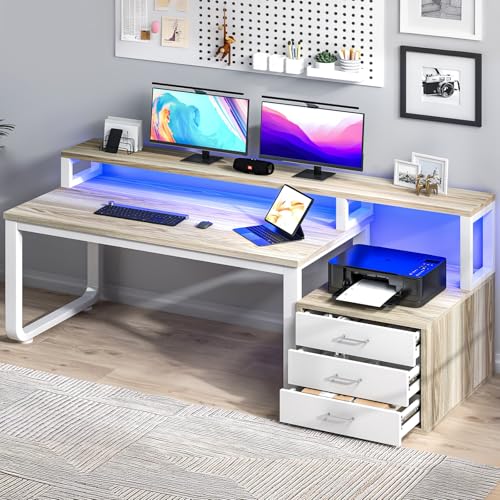 MaverickFurni 67" Home Office Desk with 3 Drawers and LED Lights, Walnut - color: White and Walnut