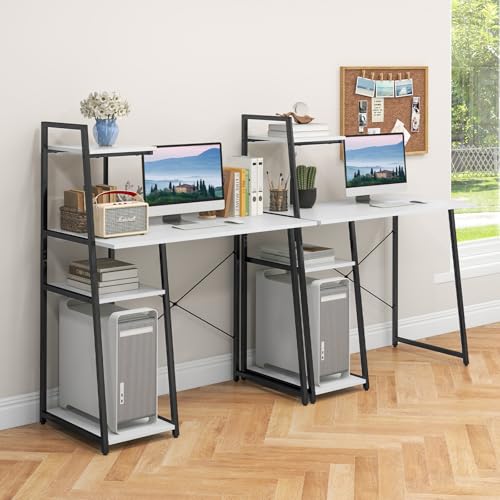 MAT EXPERT Computer Desk with Ladder Shaped Shelves, Compact Home Office Desk w/Monitor Stand & Adjustable Foot Pads, Modern Writing Study Desk PC Laptop Workstation for Home Office (White) - color: White
