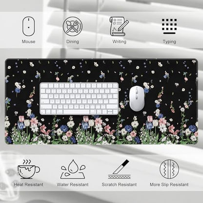 DINKY Leather Desk Protector Mouse Pad, Large Keyboard Mat, Non-Slip PVC Leather Blotter, Black Laptop Pad, Waterproof Writing Pad for Office Home 35.4" x 15.7", Flower Rain - color: Black Flower Rain