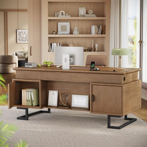 63" W x 27.6" D Executive Desk with 2 Cabinets & Power Outlet - color: Wood Grain Brown, size: Geometric Metal Legs