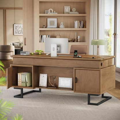 63" W x 27.6" D Executive Desk with 2 Cabinets & Power Outlet - color: Wood Grain Brown, size: Geometric Metal Legs
