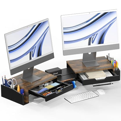 Simple Houseware Desk Dual Monitor Stand Riser with 2 Drawers, Rustic Brown - color: Rustic Brown
