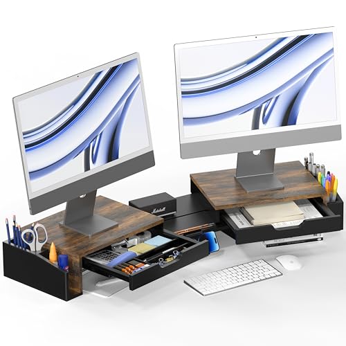 Simple Houseware Desk Dual Monitor Stand Riser with 2 Drawers, Rustic Brown - color: Rustic Brown