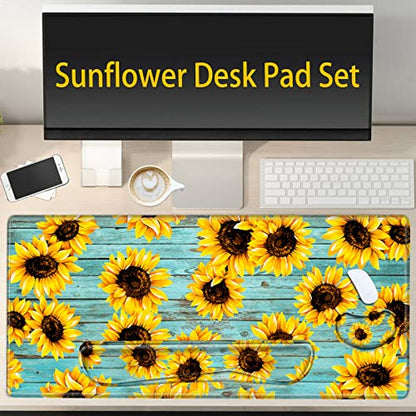 Gaming Mouse Pad Sunflower Desk Mat Large Mousepad and Keyborad Wrist Support Computer Mat for Wrist Rest XXL Desk Pad 3 in 1 Mouse Mat Non-Slip Rubber Base - color: Sunflower Teal