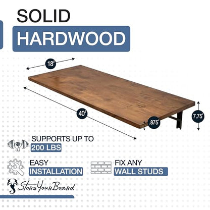 StoreYourBoard Wall Mounted Folding Workbench, 40x18 in, Holds 200 lbs - color: 40"x18" - Dark Wood | Black Powder-coated Brackets