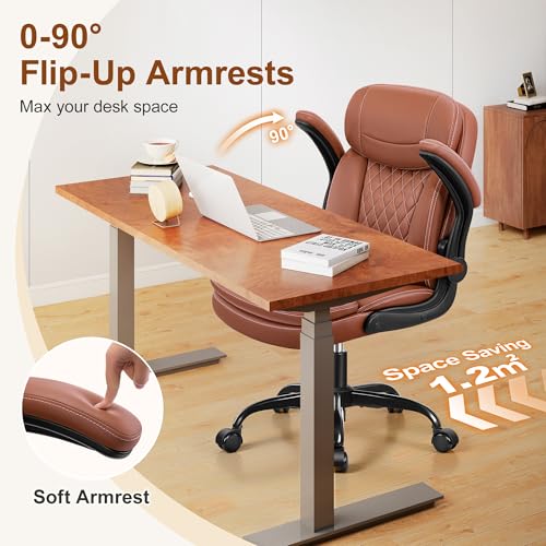 HeroSet Leather Office Chair with Upgraded Double-Layer Seat Cushion and Neckrest for Short People, Brown - color: Brown