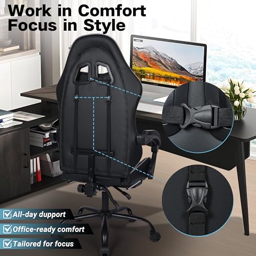 Gaming Chair with Footrest and Lumbar Support, Height Adjustable Chair with 360°Office Desk Chair,Heavy Duty 330lbs Computer Chair for Adults - color: Grey & Black