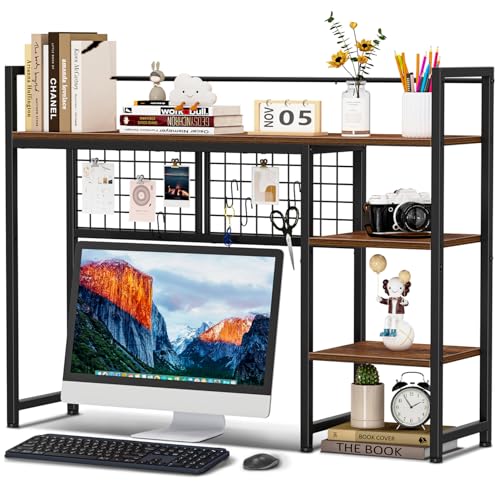 Snughome Desk Shelf, 38.6" Desktop Organizer Shelf, Desk Hutch for Computer Monitor, 4 Tier Desk Display Rack with Pegboard Hooks Set, Wood Desktop Bookshelf for Home Office Dorm - color: Rustic Brown, size: 38.6"