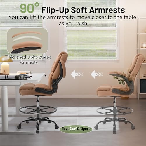 500LBS Drafting Chair, High Back Safer Standing Desk Chair, Executive Tall Office Chair with Flip-up Armrests, Upholstered PU Leather Task Chair, Ergonomic Seat with Adjustable Height&Foot Ring, Brown - color: Brown