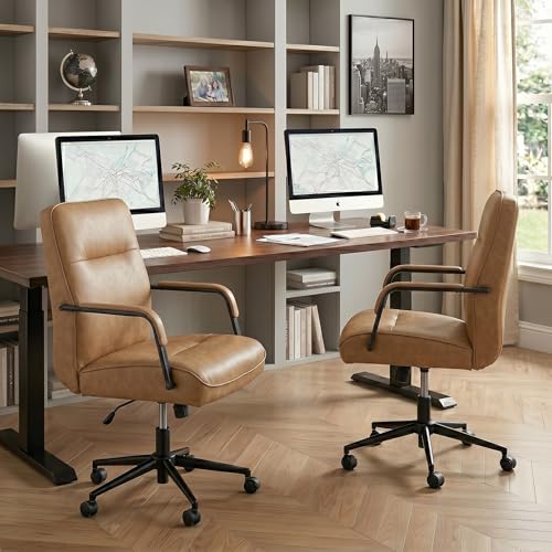 KISLOT Ergonomic Home Office Chair with Lumbar Support, Adjustable Swivel Modern Desk Chair with Wheels, Faux Leather Computer Chair with Padded Arms, Comfy Executive Office Chair, 2 PCS, Camel Brown - color: Camel Brown, size: Set of 2