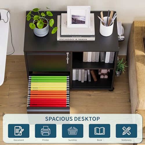 MIIIKO 2 Drawer File Cabinet with Lock, Metal Lateral Rolling Printer Stand Filing Cabinets with Drawers for Home Office,A4, Letter Size File Folders(Black) - color: Black, size: 2 Drawer-31.5"W -Mobile-a