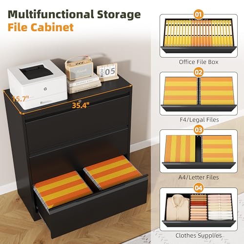 3 Drawer Metal Lateral File Cabinet with Lock for Home Office | 35.5 Inch Ultra Spacious Tabletop,330LBS Max Weight Capacity,Fits Letter/Legal/F4/A4 Size,Fast Easy Assemble,Black - color: Black, size: 15.7"D x 35.4"W x 40"H（3 Drawers）
