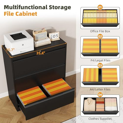 3 Drawer Metal Lateral File Cabinet with Lock for Home Office | 35.5 Inch Ultra Spacious Tabletop,330LBS Max Weight Capacity,Fits Letter/Legal/F4/A4 Size,Fast Easy Assemble,Black - color: Black, size: 15.7"D x 35.4"W x 40"H（3 Drawers）