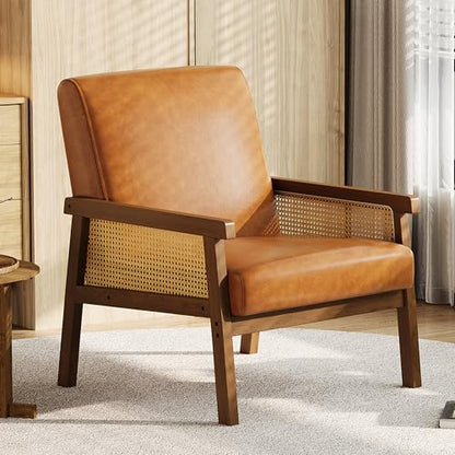 Garvee PU Leather Accent Chair, Rattan Armchair with Wooden Frame, High Back, Upholstered Reading Chair Leisure Chairs for Living Room Bedroom Waiting Room Reception, Brown - color: Pu Leather, Brown
