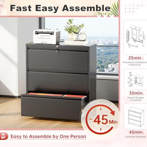 Superday Lateral File Cabinet 3 Drawer Metal File Cabinet with Lock, Black Filing Cabinets for Home Office, Locking Filing Cabinets Hanging Files Letter/Legal/F4/A4 - color: Black, style: 3 drawer-wide