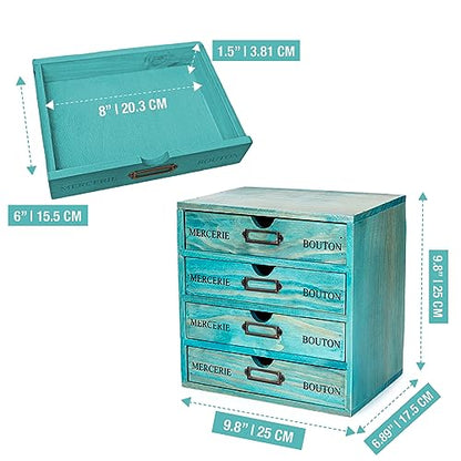Turquoise 4-Tier Drawer Unit - Teal European Country Style Desk Organizer Box - 9.7x7x10 Wooden Stackable Drawers - Countertop Organizer Drawers w/Label Holder - 4-Level File Drawer Unit - style: 4 Drawer I 10"