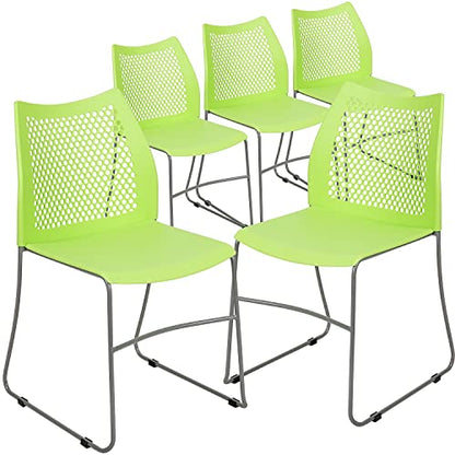 Flash Furniture Hercules Series Contoured Lobby Chairs with Air-Vent Honeycomb Backs, Ergonomic Stacking Chairs for Offices, Set of 5, Green | Sled Base, Powder Coated, 661 LBS. Weight Capacity - color: Green, size: Set of 5
