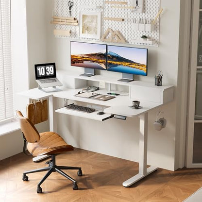 55 Inch U Shape Standing Desk with Keyboard Tray & Drawers, White | Power Outlet, Dual-Monitor Stand, LED Light, 3 Presets, 28.3"-46.5"in Range, 154 lb Capacity - color: White With Drawers, size: 55 Inch