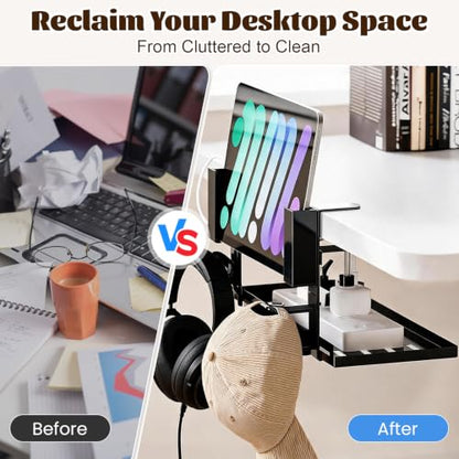 Desk Side Storage Organizer, Clamp-On Laptop Holder & Storage Shelf
