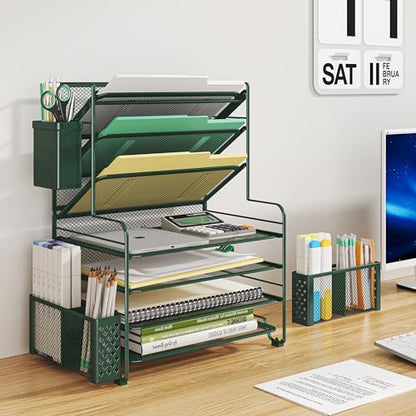 Simple Trending 7 Tier Desk File Organizer, Letter Tray Paper Organizer with Pen Holder and Metal Hanging Basket, Green - color: Pen Holder Green