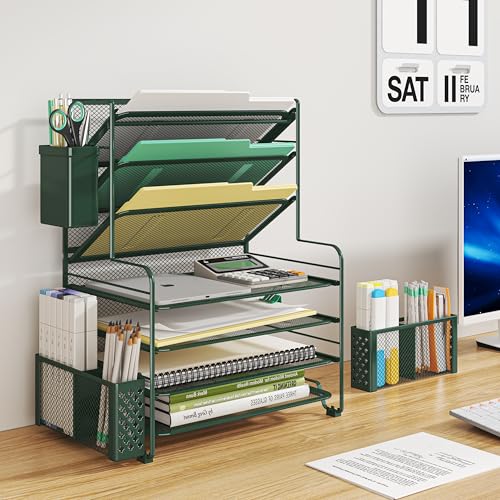 Simple Trending 7 Tier Desk File Organizer, Letter Tray Paper Organizer with Pen Holder and Metal Hanging Basket, Green - color: Pen Holder Green