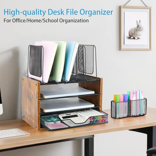 OPNICE Desk Organizer, 4-Tier Desktop File Organizer with Drawer and Pen Holders, Office Desk Accessories, File Sorters, Workspace Organizers for Office Supplies(Brown) - color: Wood Brown, size: 4T