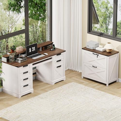 Halitaa Farmhouse Lateral File Cabinet with 2 Drawers, White and Brown - color: Rustic White and Brown, size: 2 Drawers