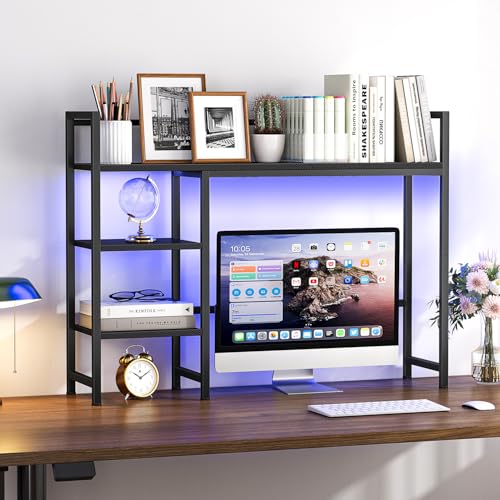 Snughome Desk Shelf with LED Strip, 38.6" Desktop Organizer Shelf, Desk Hutch for Computer Monitor, 4 Tier Desk Display Rack, Wood Desktop Bookshelf Storage Rack for Home Office Dorm - color: Black With Led Strip, size: 38.6"