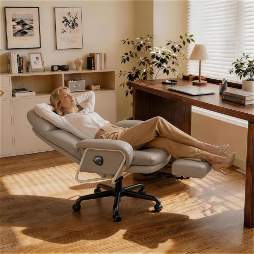 180° Reclining Office Chair with Footrest, PU Leather Desk Chair with 4-Position Backrest and Thick Cushion, Executive Computer Chair for Home Office, Work and Study,Gray - color: Grey