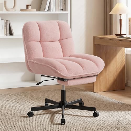Criss Cross Office Chair with Foot Rest, Thick Cushioned Cross Legged Office Chair, Armless Wide Seat Reclining Desk Chair, Height Adjustable Criss Cross Chair for Home Office,Vanity, Pink - color: Pink