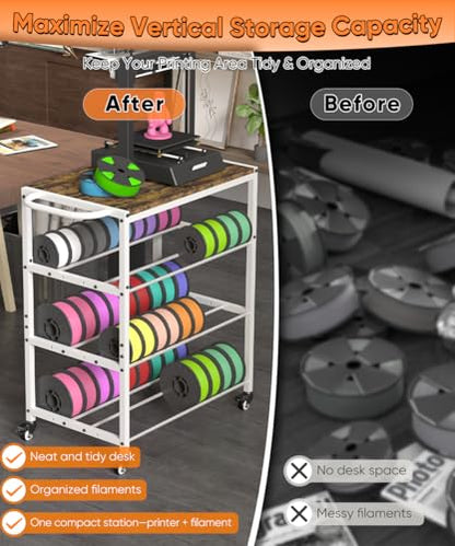 3-Tier 3D Printer Filament Storage Rack with Stand & Wheels, White - color: white, size: 3-tier